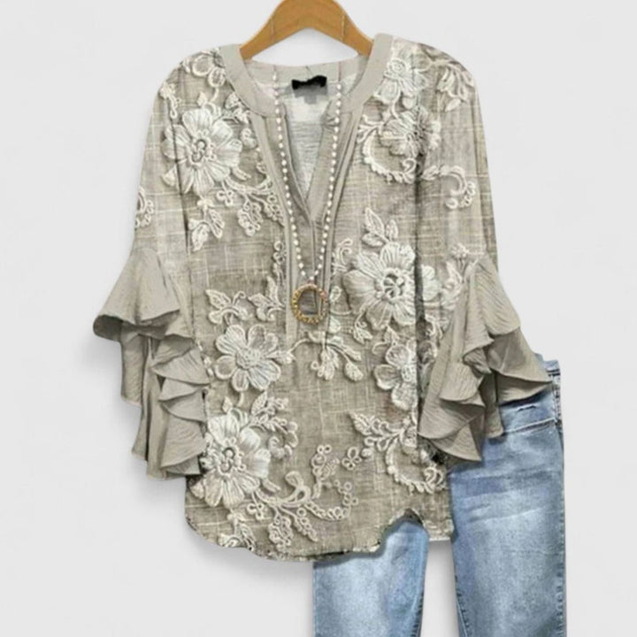 Women's Floral Ruffle-Sleeve V-Neck Relaxed Blouse - Light Brown