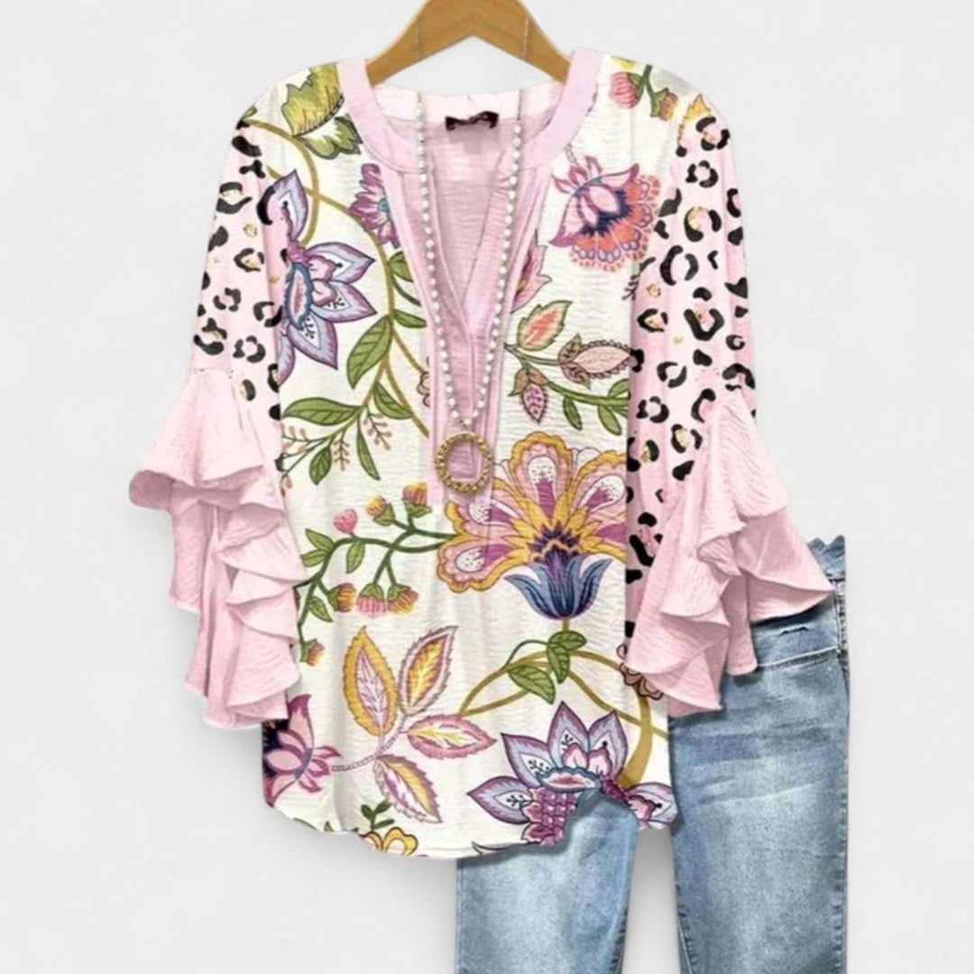 Women's Floral Ruffle-Sleeve V-Neck Relaxed Blouse - Pink
