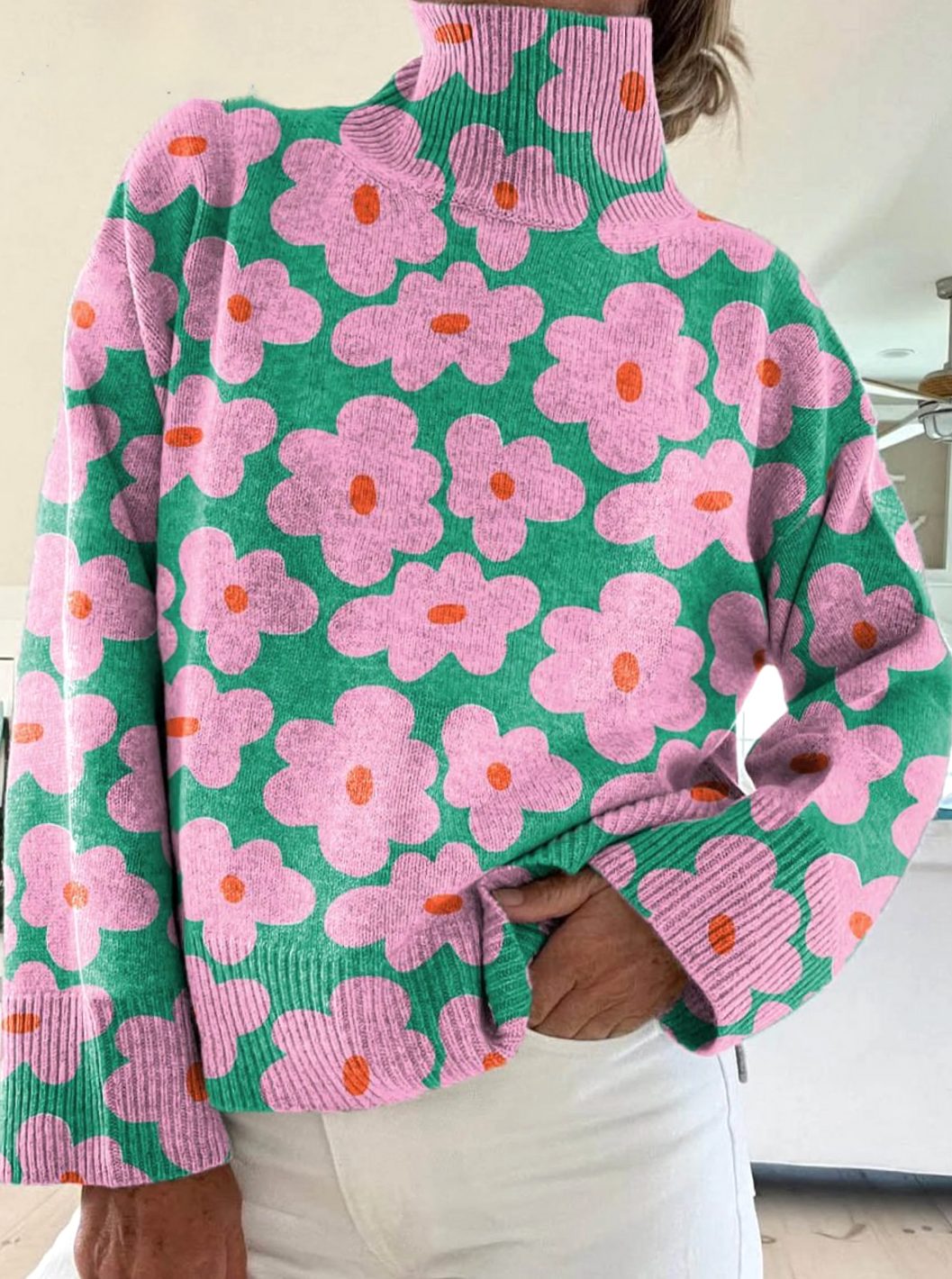 Women's Floral Turtleneck Jumper Relaxed Fit Knit - Multicolour