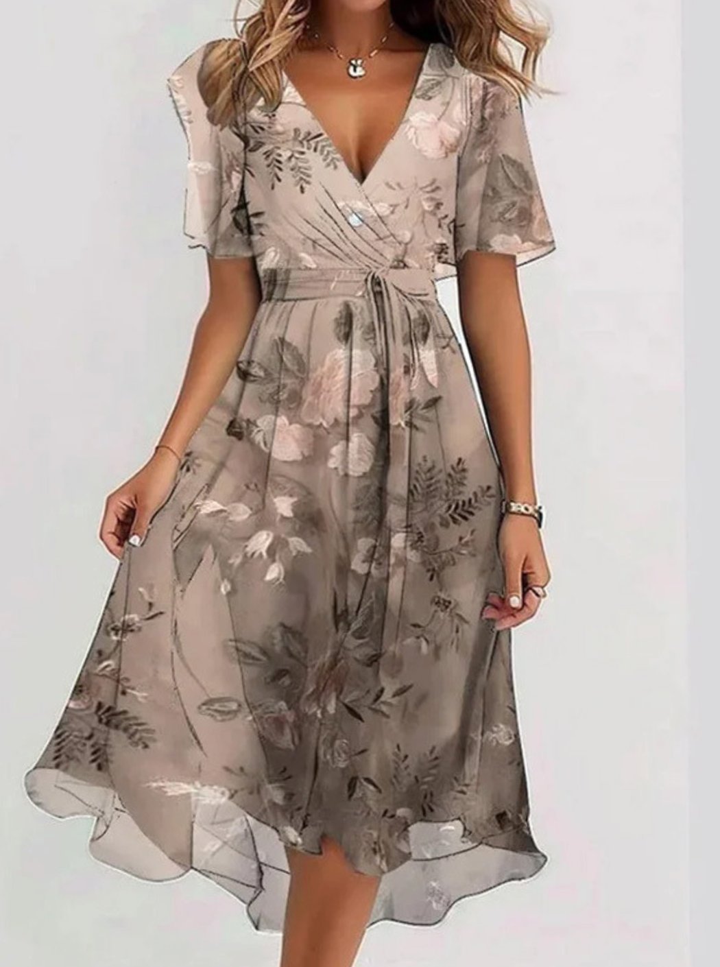 Women's Floral V-Neck Flutter-Sleeve Wrap Midi Dress - Brown