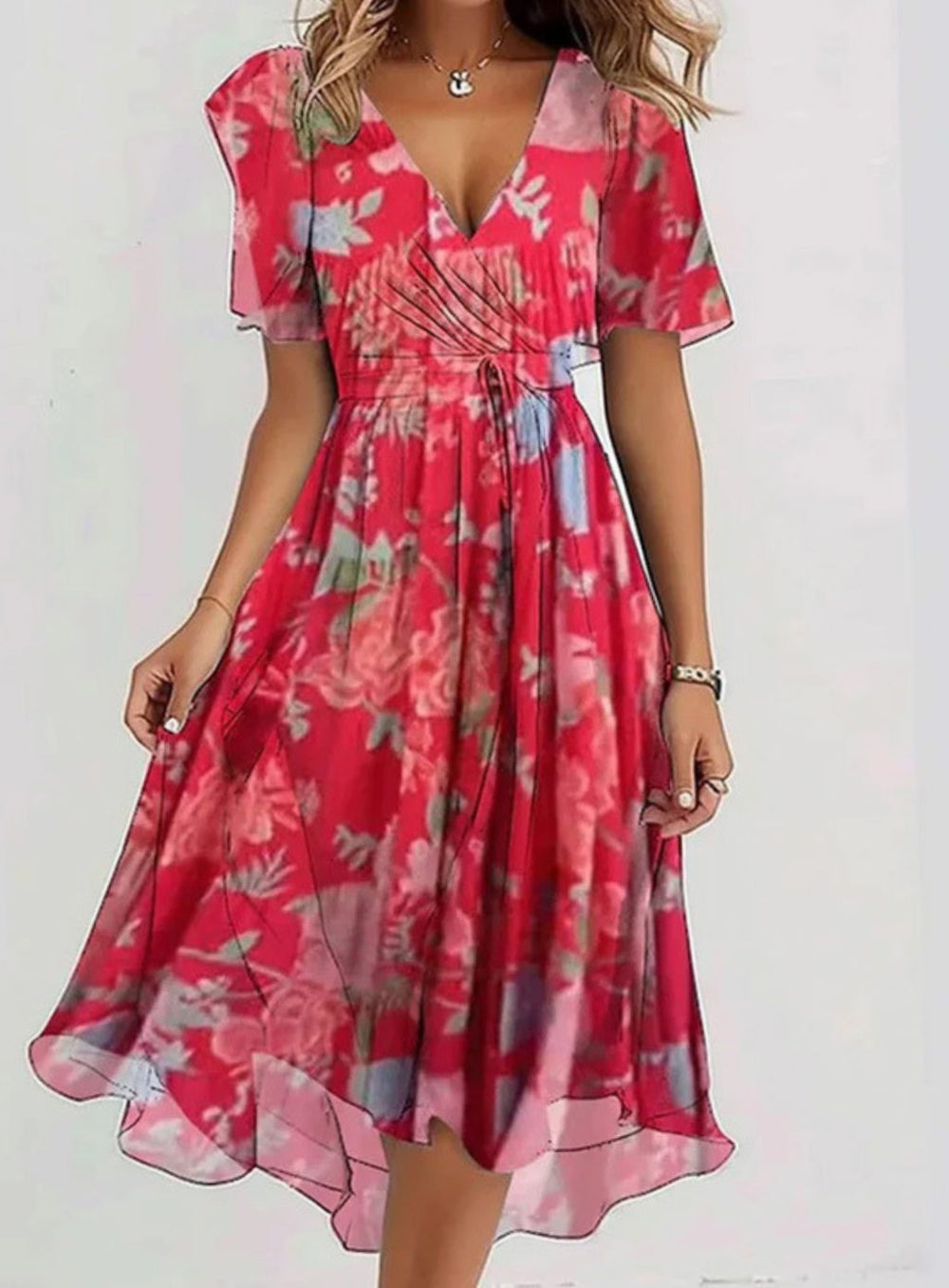 Women's Floral V-Neck Flutter-Sleeve Wrap Midi Dress - Red