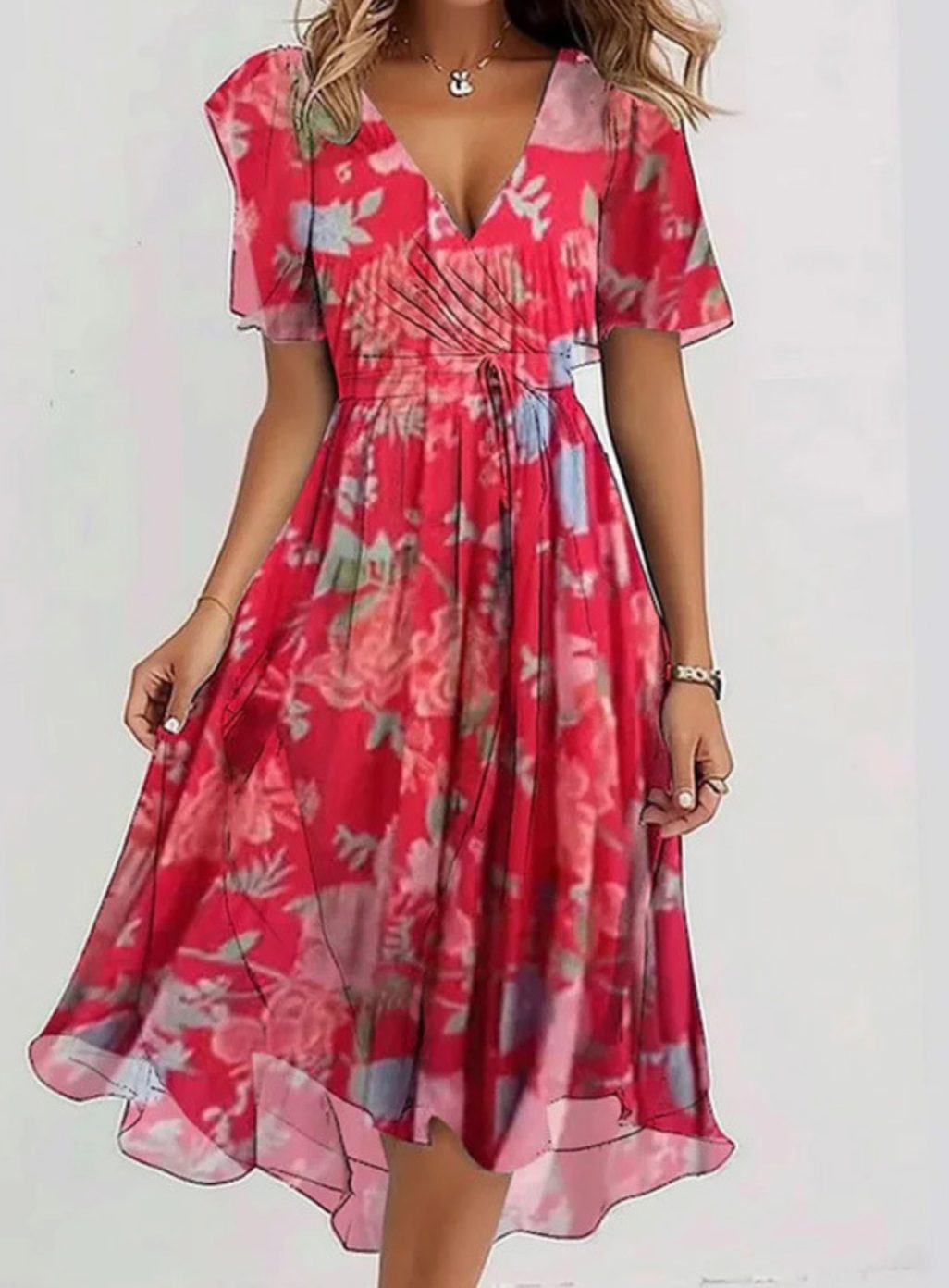 Women's Floral V-Neck Flutter-Sleeve Wrap Midi Dress - Red