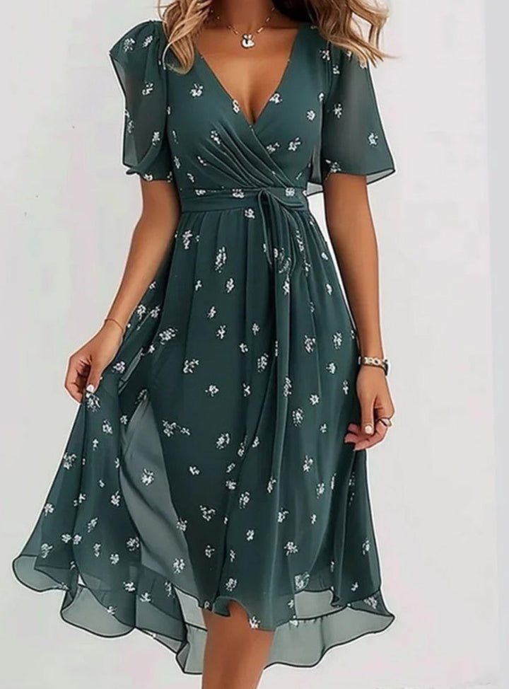 Women's Floral V-Neck Flutter-Sleeve Wrap Midi Dress - Green