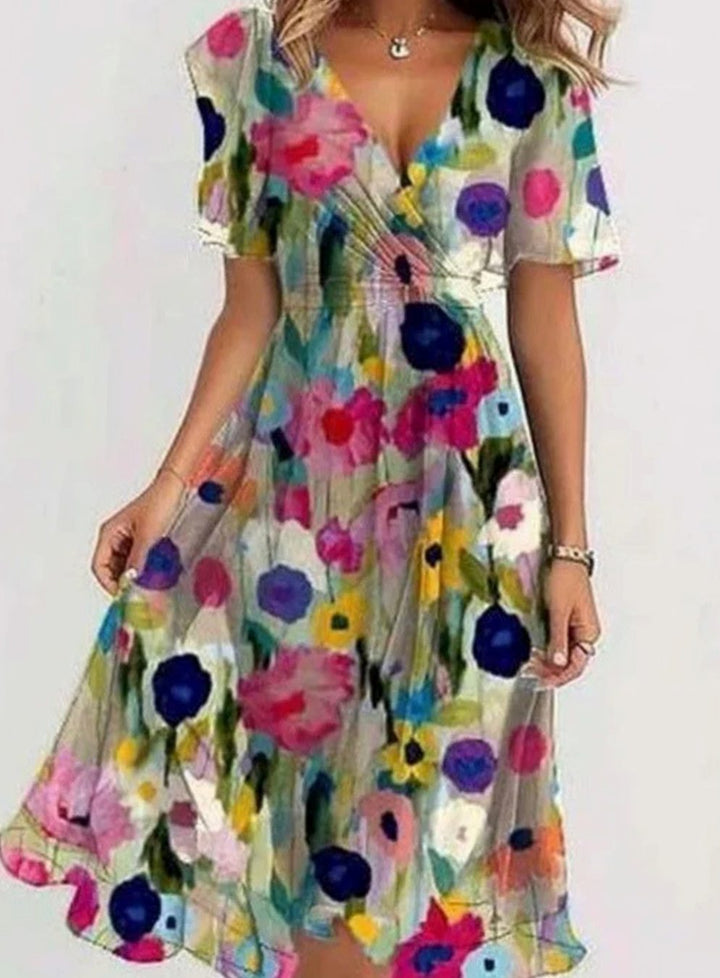 Women's Floral V-Neck Flutter-Sleeve Wrap Midi Dress - Multi-Colour