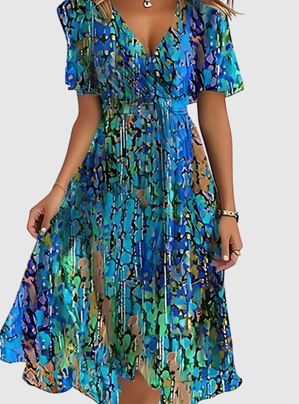 Women's Floral V-Neck Flutter-Sleeve Wrap Midi Dress - Blue