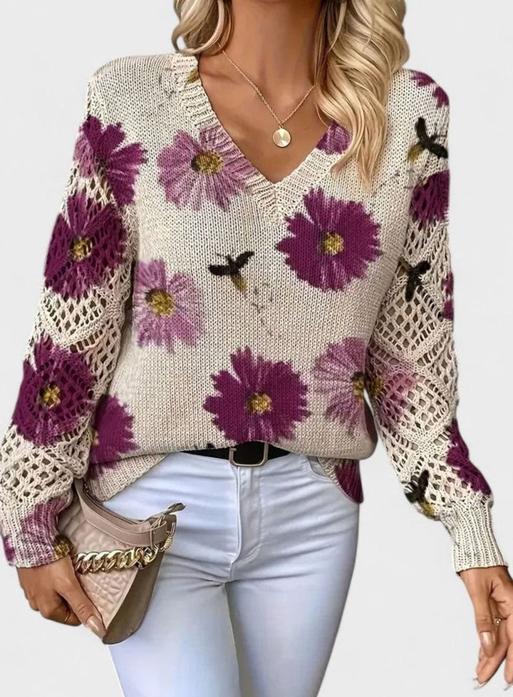 Women's Floral V-Neck Openwork Sleeve Knitted Jumper - Purple
