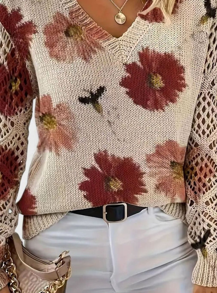 Women's Floral V-Neck Openwork Sleeve Knitted Jumper