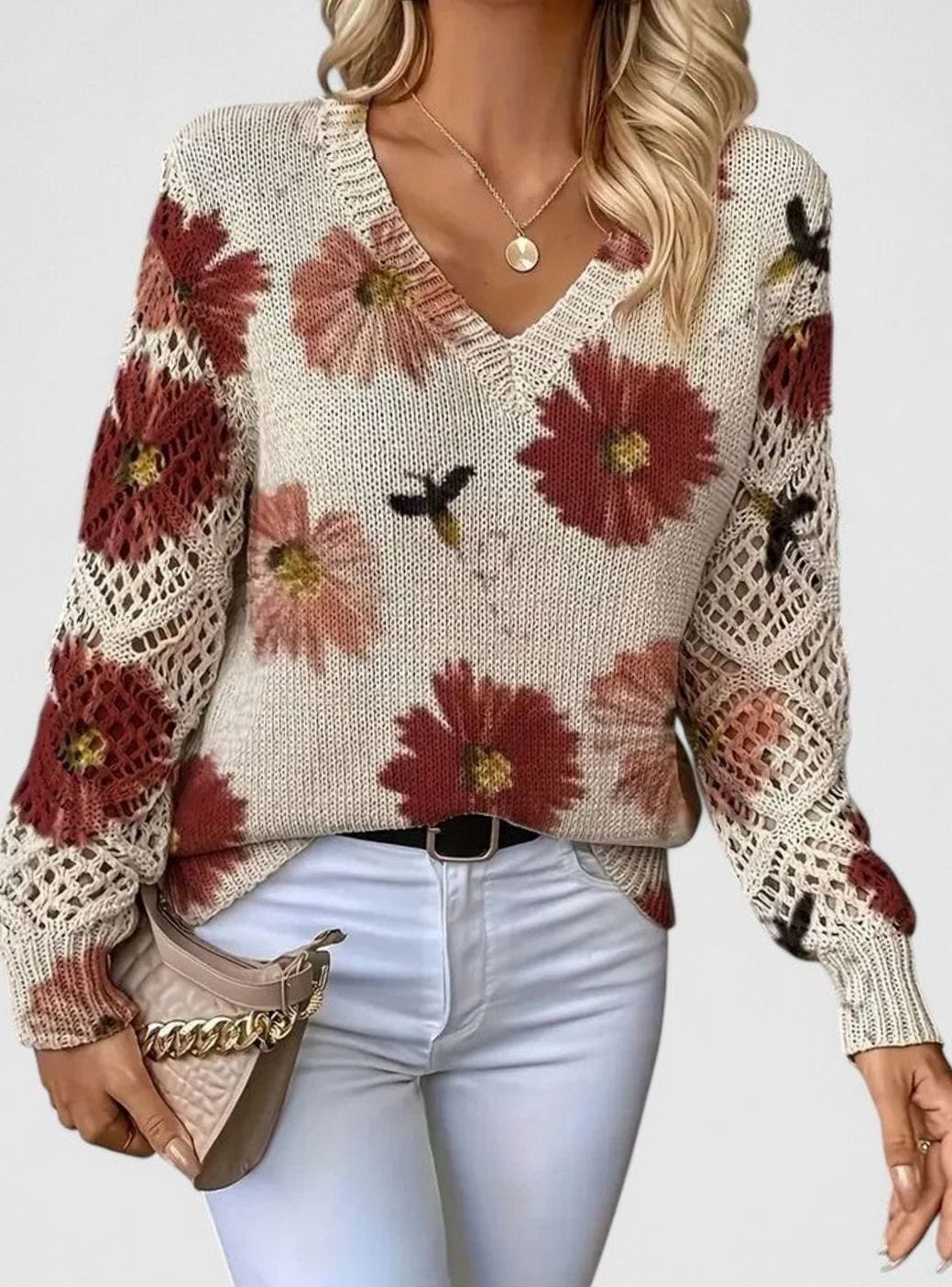 Women's Floral V-Neck Openwork Sleeve Knitted Jumper - Red