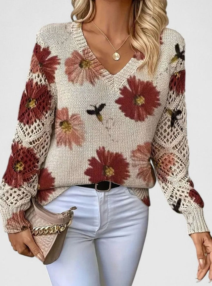 Women's Floral V-Neck Openwork Sleeve Knitted Jumper - Red