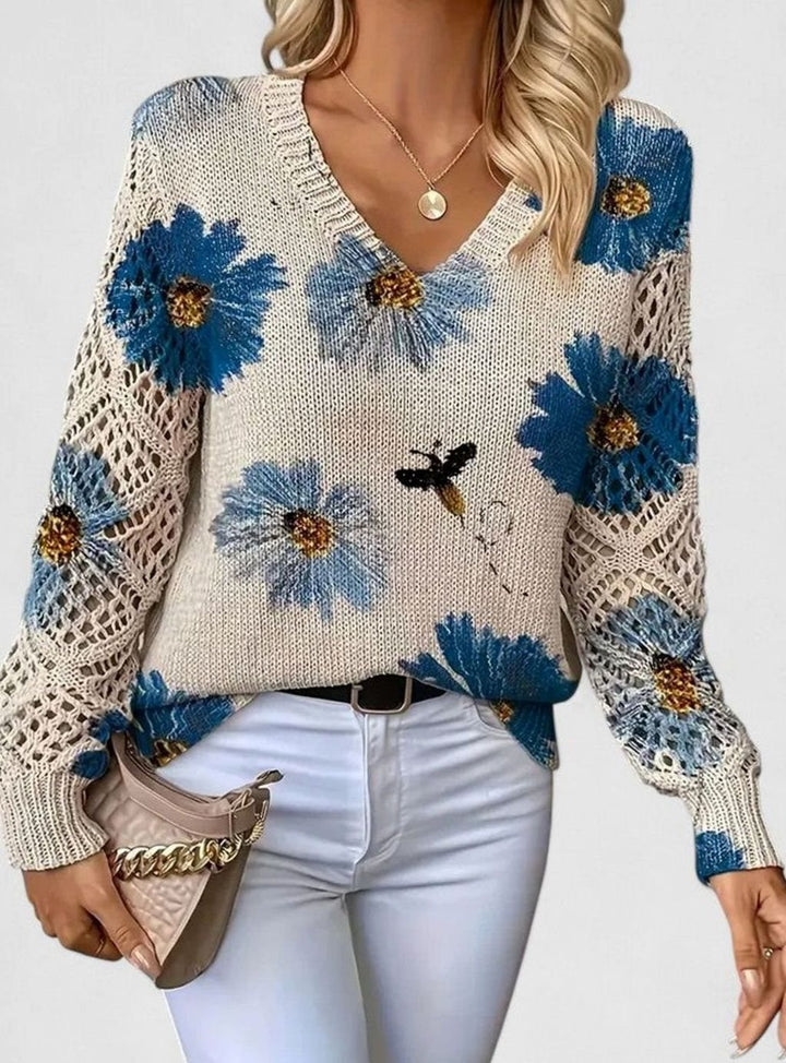 Women's Floral V-Neck Openwork Sleeve Knitted Jumper - Blue