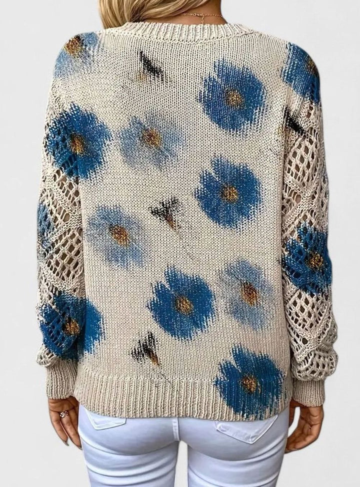 Women's Floral V-Neck Openwork Sleeve Knitted Jumper