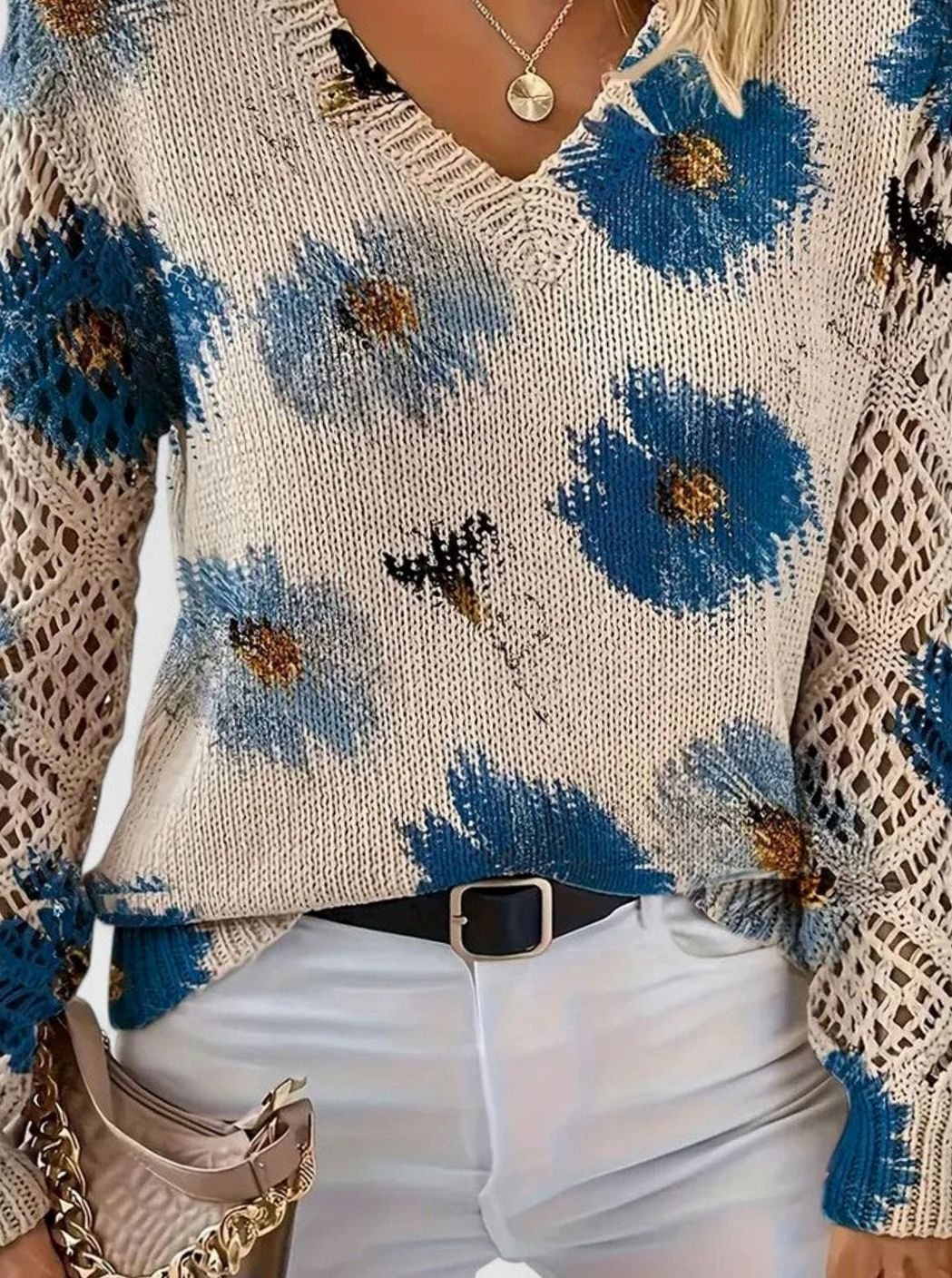 Women's Floral V-Neck Openwork Sleeve Knitted Jumper