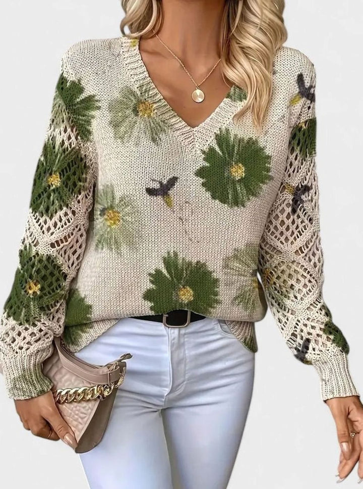 Women's Floral V-Neck Openwork Sleeve Knitted Jumper