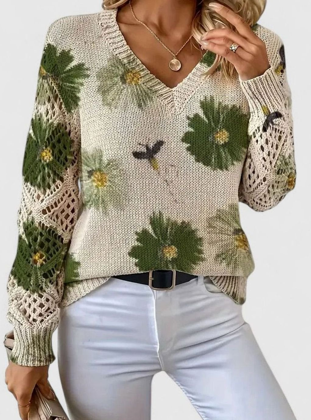 Women's Floral V-Neck Openwork Sleeve Knitted Jumper - Green