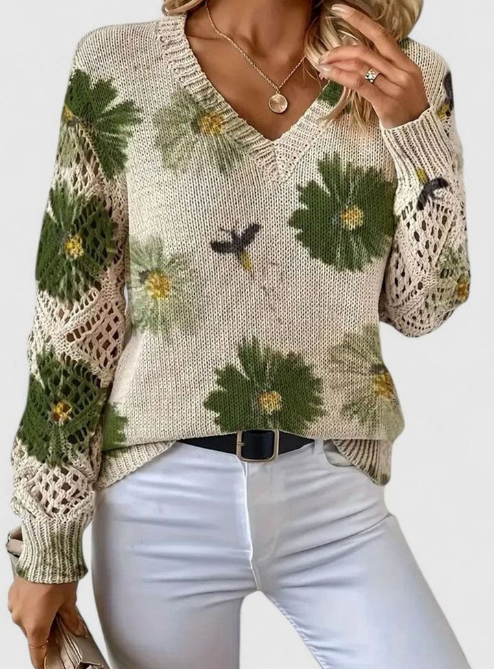 Women's Floral V-Neck Openwork Sleeve Knitted Jumper - Green