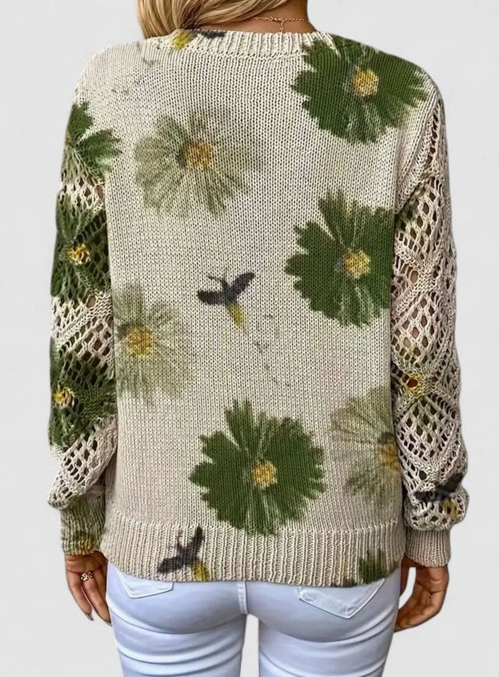 Women's Floral V-Neck Openwork Sleeve Knitted Jumper