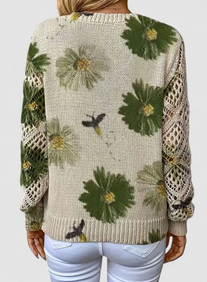 Women's Floral V-Neck Openwork Sleeve Knitted Jumper