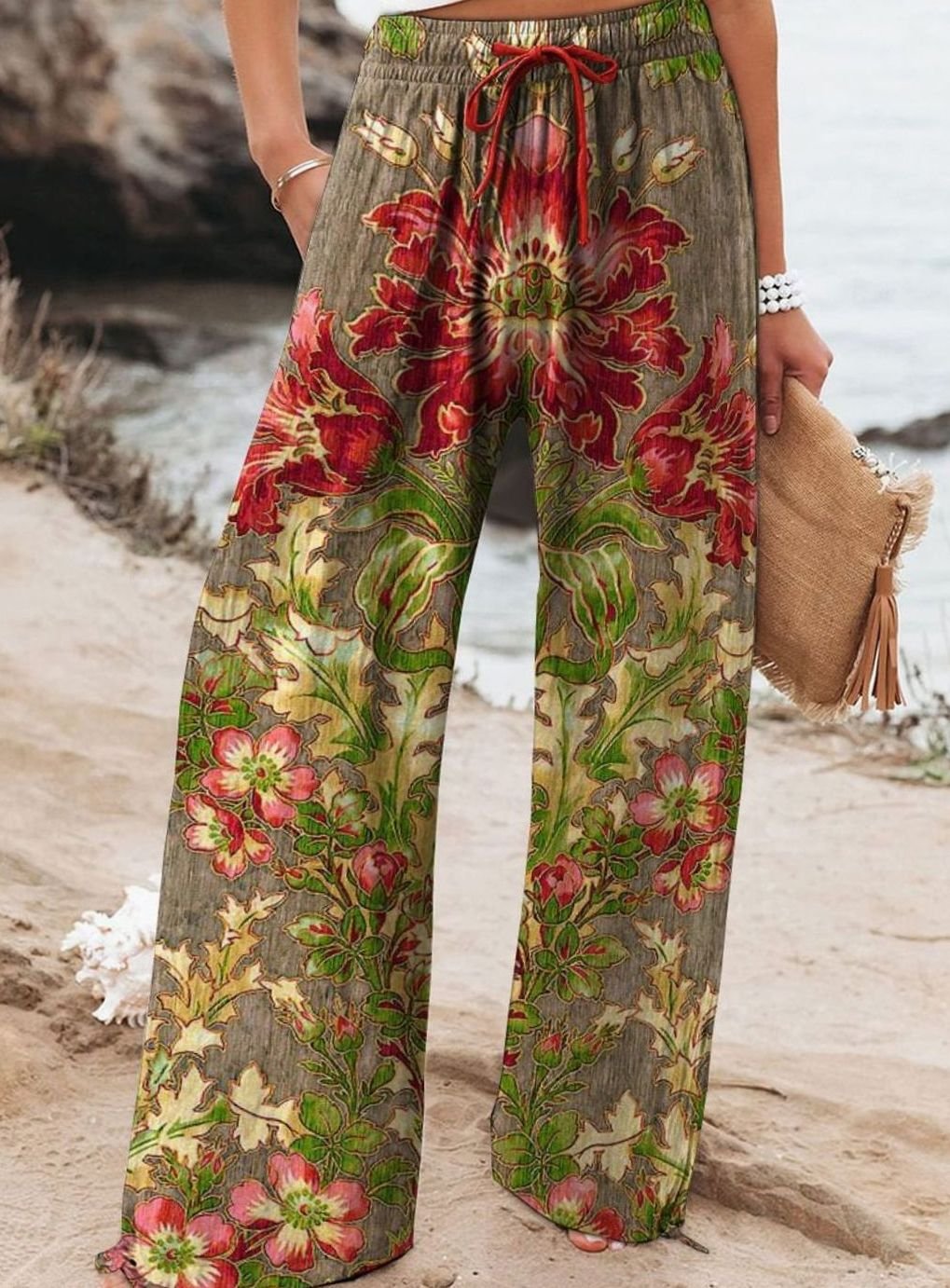 Women's Floral Wide-Leg Drawstring Elasticated Waist Trousers - Style 6