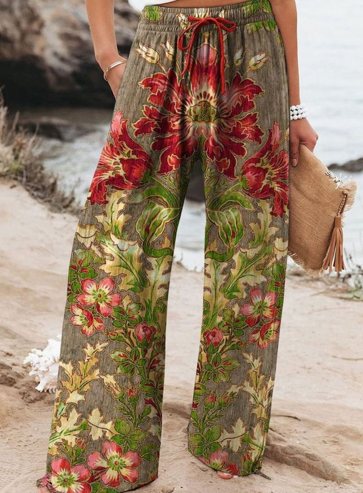 Women's Floral Wide-Leg Drawstring Elasticated Waist Trousers - Style 6