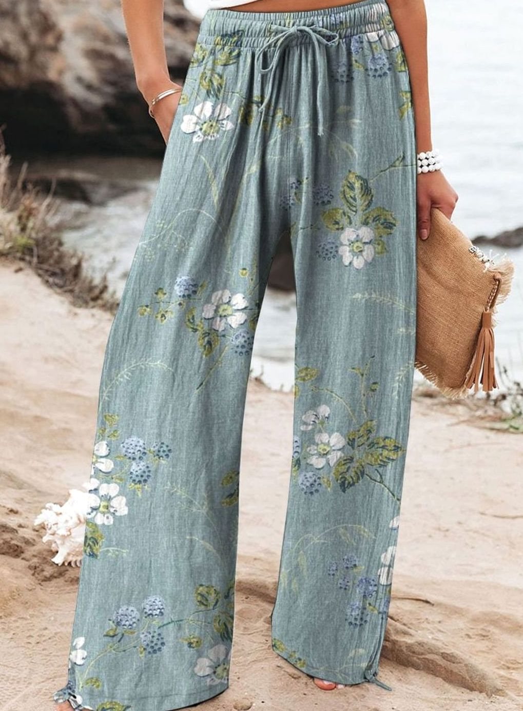 Women's Floral Wide-Leg Drawstring Elasticated Waist Trousers - Style 8