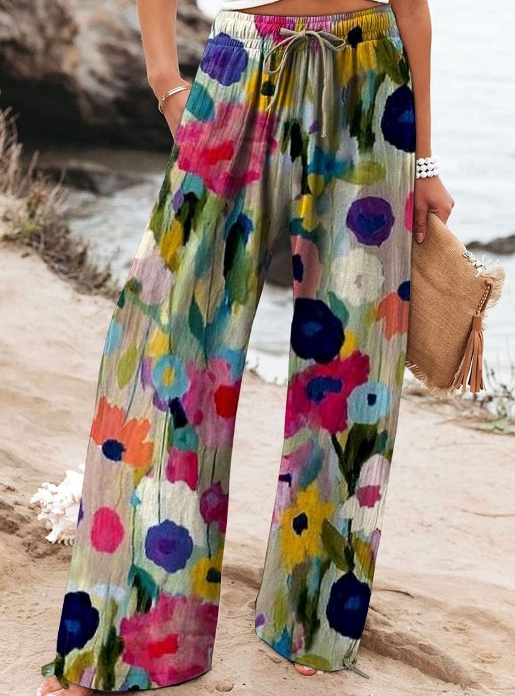Women's Floral Wide-Leg Drawstring Elasticated Waist Trousers - Style 9
