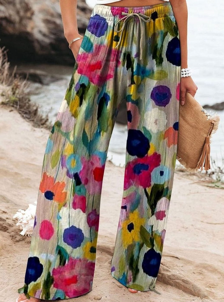 Women's Floral Wide-Leg Drawstring Elasticated Waist Trousers - Style 9