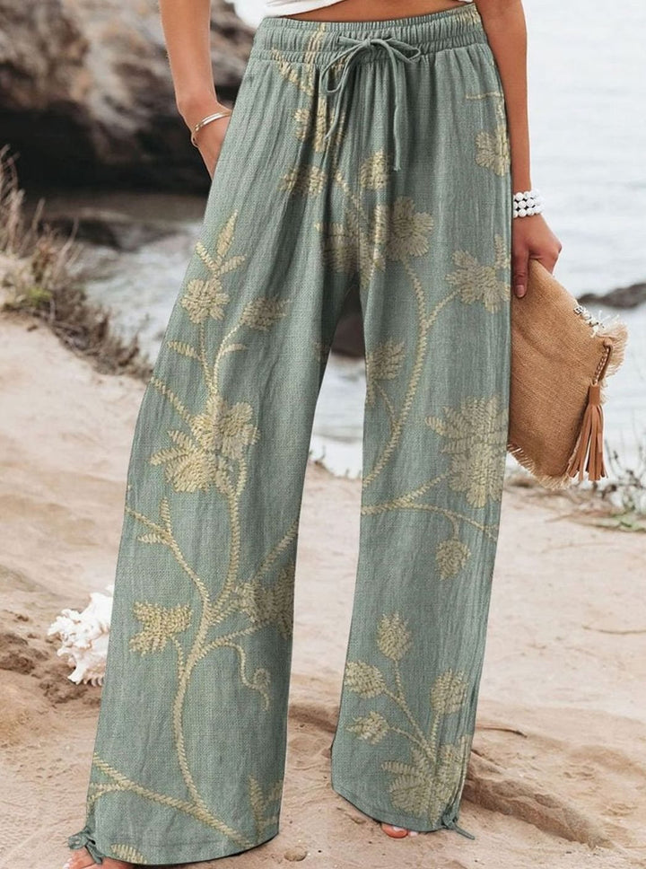 Women's Floral Wide-Leg Drawstring Elasticated Waist Trousers - Style 10