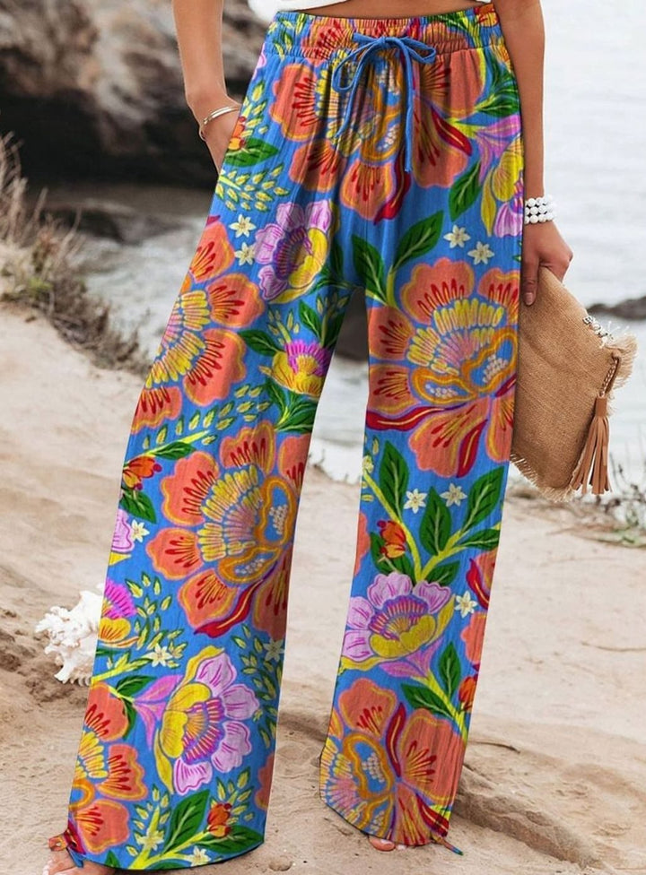 Women's Floral Wide-Leg Drawstring Elasticated Waist Trousers - Style 2