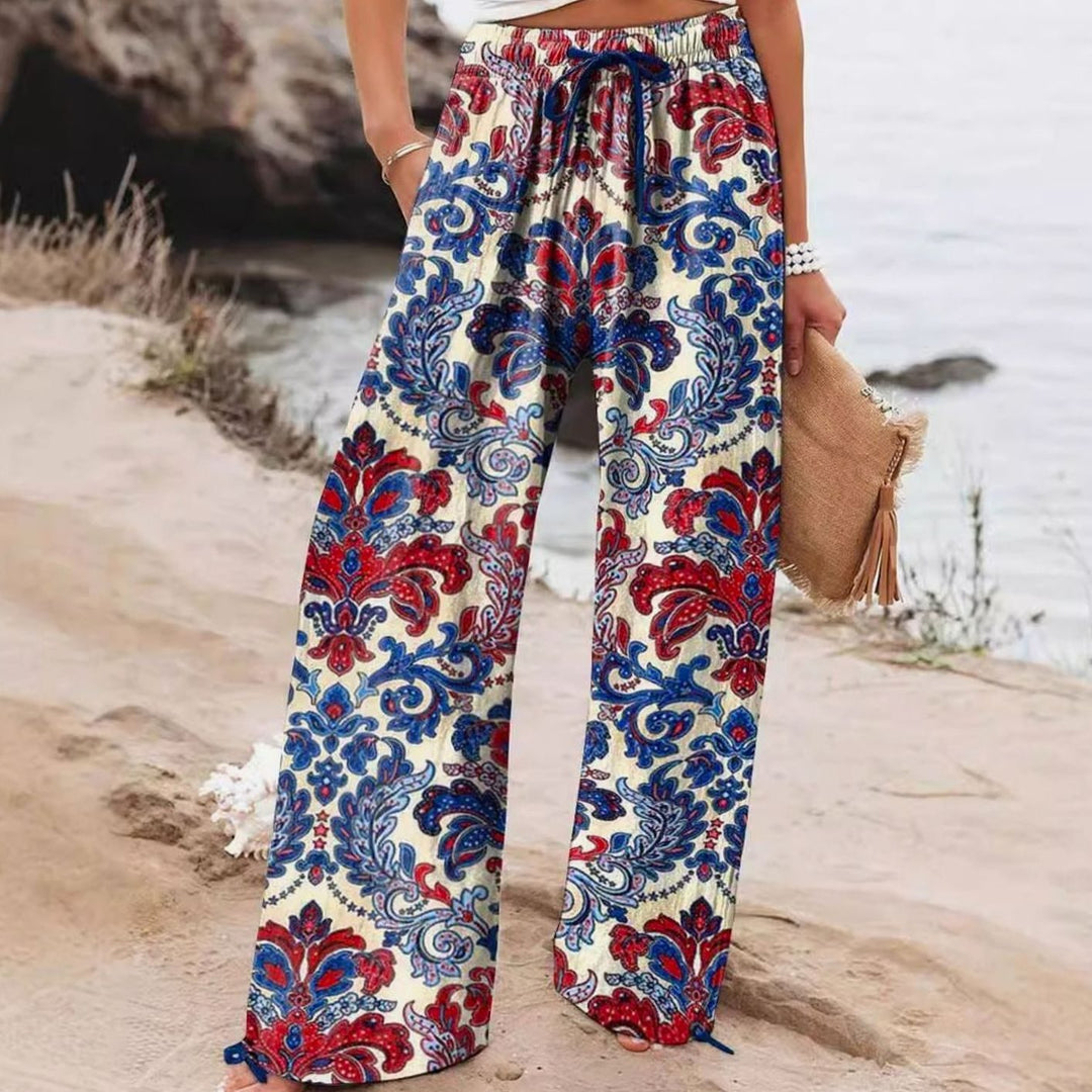 Women's Floral Wide-Leg Drawstring Elasticated Waist Trousers