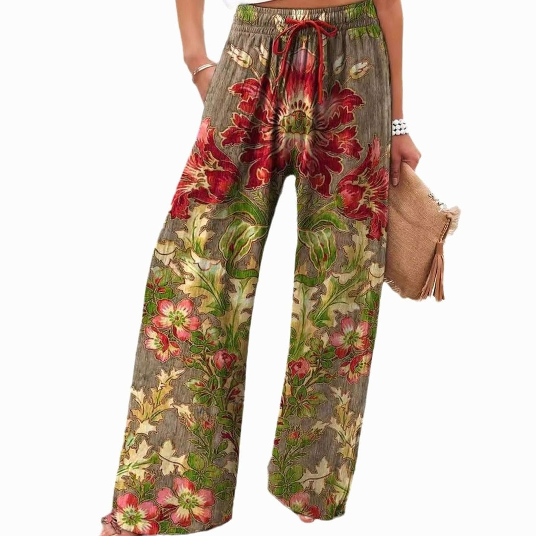 Women's Floral Wide-Leg Drawstring Elasticated Waist Trousers