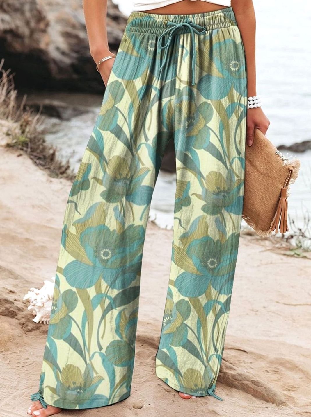 Women's Floral Wide-Leg Drawstring Elasticated Waist Trousers - Style 1