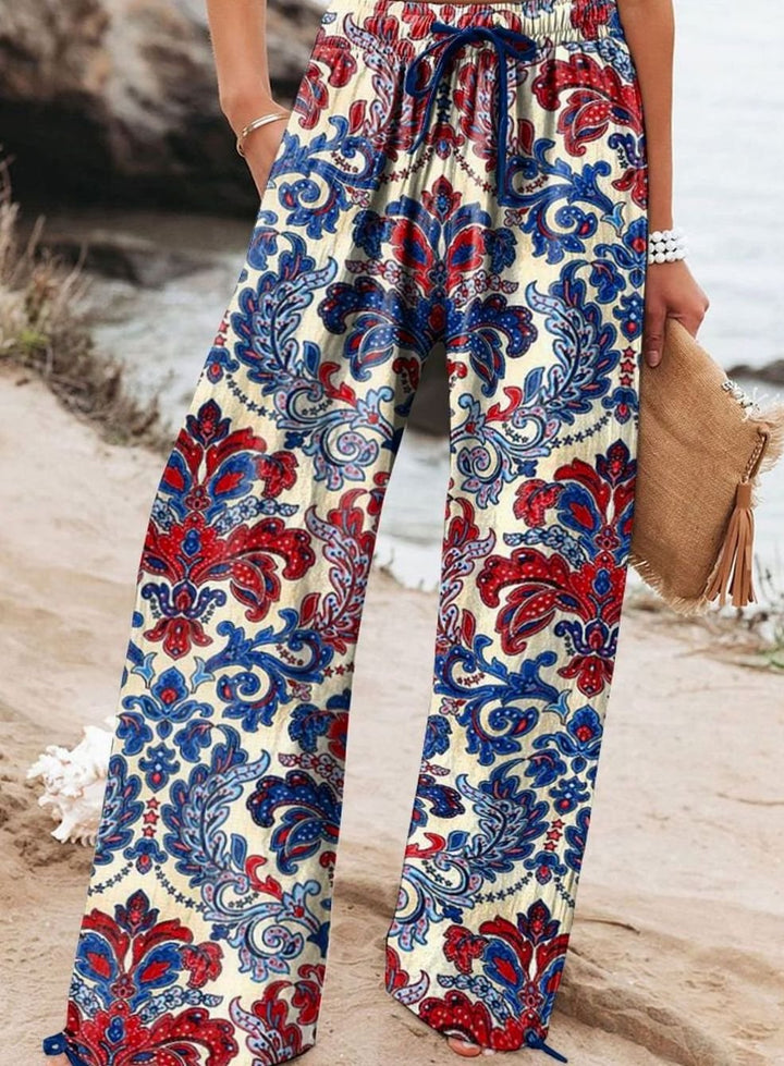 Women's Floral Wide-Leg Drawstring Elasticated Waist Trousers - Style 3