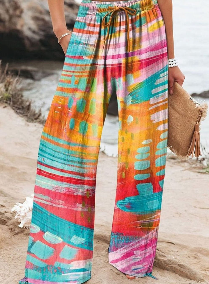 Women's Floral Wide-Leg Drawstring Elasticated Waist Trousers - Style 4