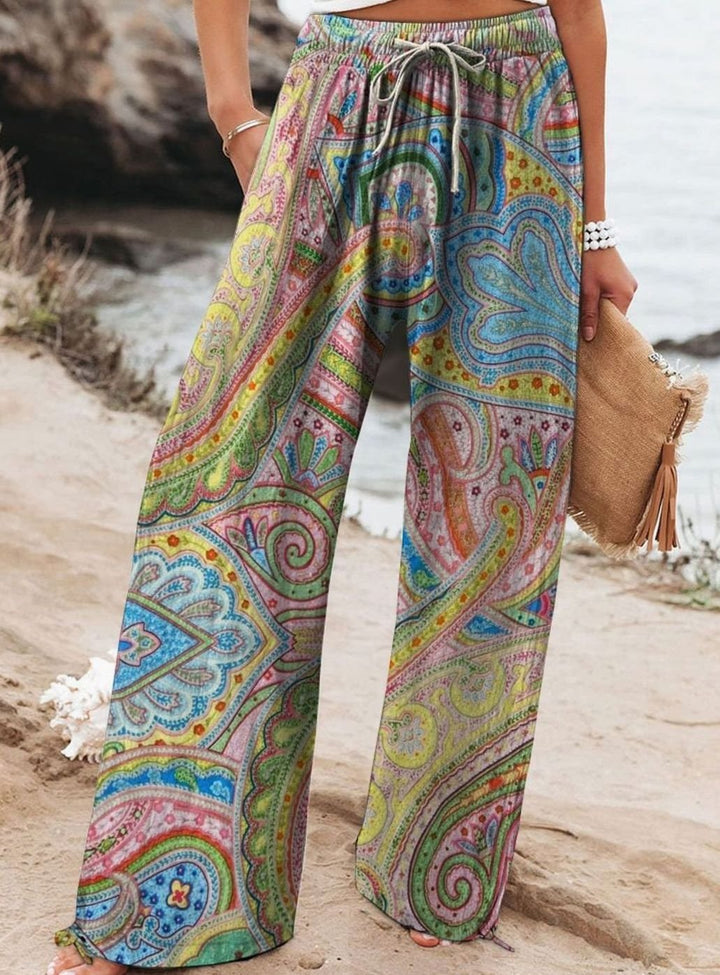 Women's Floral Wide-Leg Drawstring Elasticated Waist Trousers - Style 5