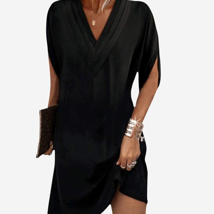 Women's Flowy V-Neck Tummy-Hiding Relaxed Fit Mini Dress - Black