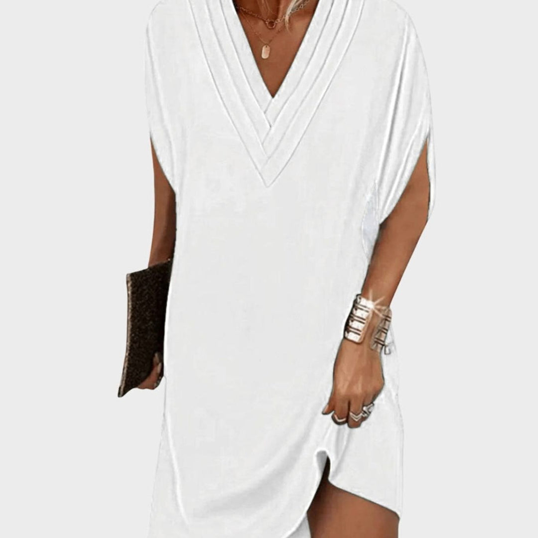 Women's Flowy V-Neck Tummy-Hiding Relaxed Fit Mini Dress - White