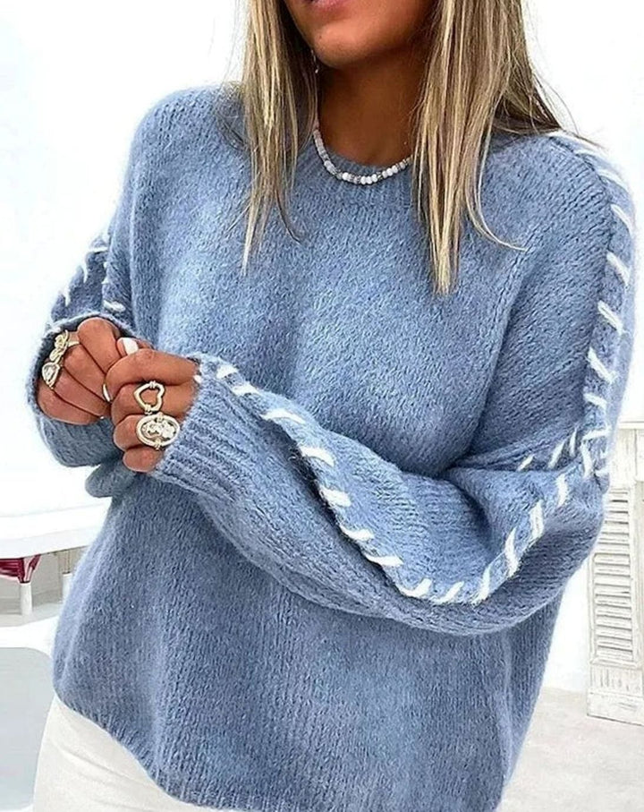 Women's Fluffy Crew-Neck Contrast-Stitch Knitted Jumper - Blue