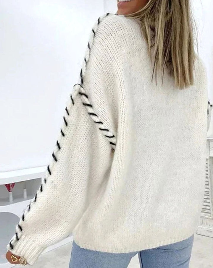 Women's Fluffy Crew-Neck Contrast-Stitch Knitted Jumper