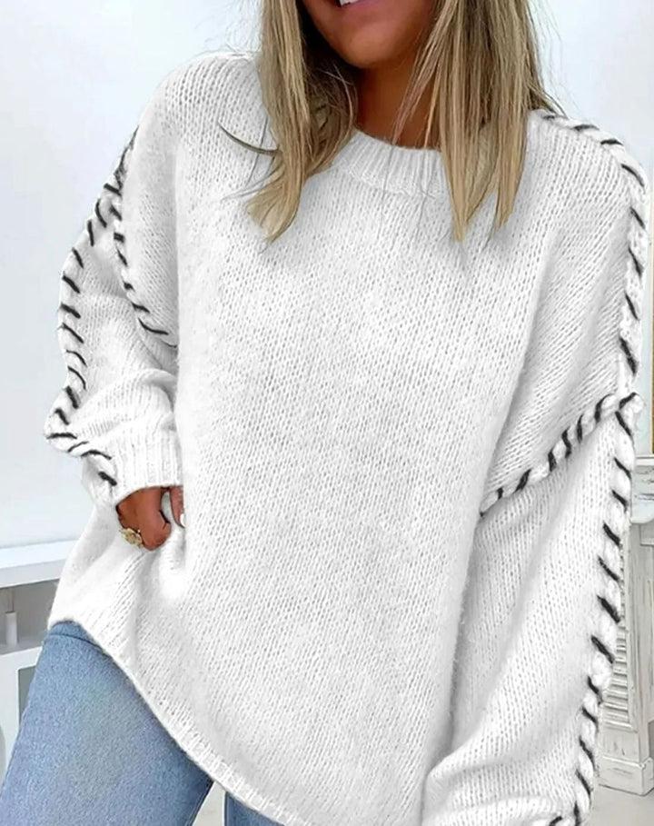 Women's Fluffy Crew-Neck Contrast-Stitch Knitted Jumper - White