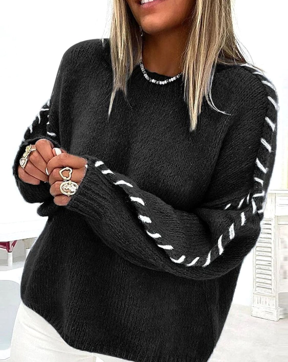 Women's Fluffy Crew-Neck Contrast-Stitch Knitted Jumper, Blue - Black