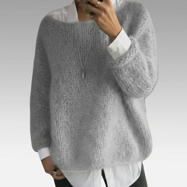 Women's Fluffy Knitted Jumper Relaxed-Fit Soft Knit Pullover - Grey
