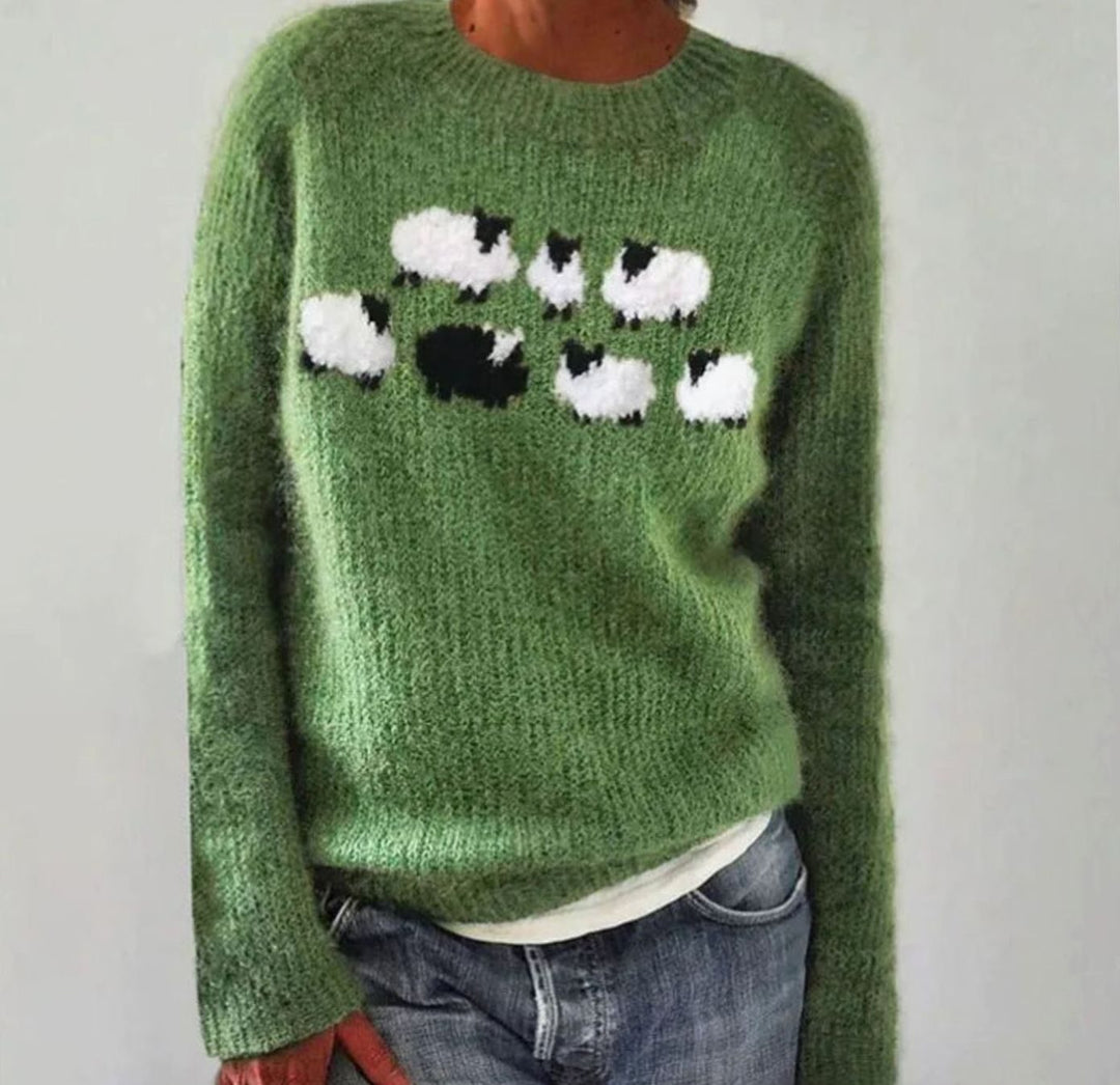 Women's Fluffy Sheep-Print Crew-Neck Knitted Jumper - Green