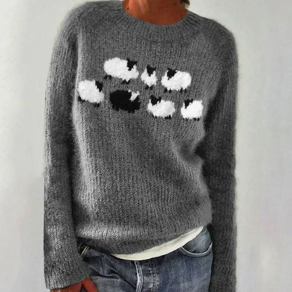 Women's Fluffy Sheep-Print Crew-Neck Knitted Jumper - Grey