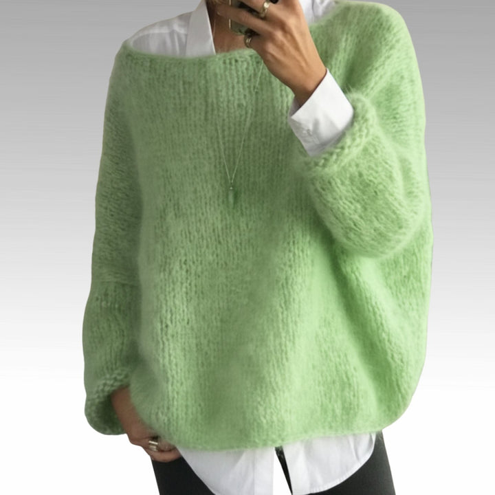 Women's Fluffy Soft-Knit Oversized Round-Neck Jumper - Green