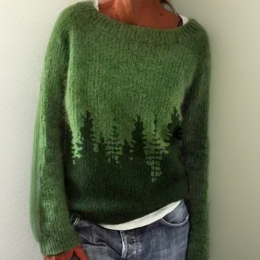 Women's Forest Print Oversized Round-Neck Knitted Jumper