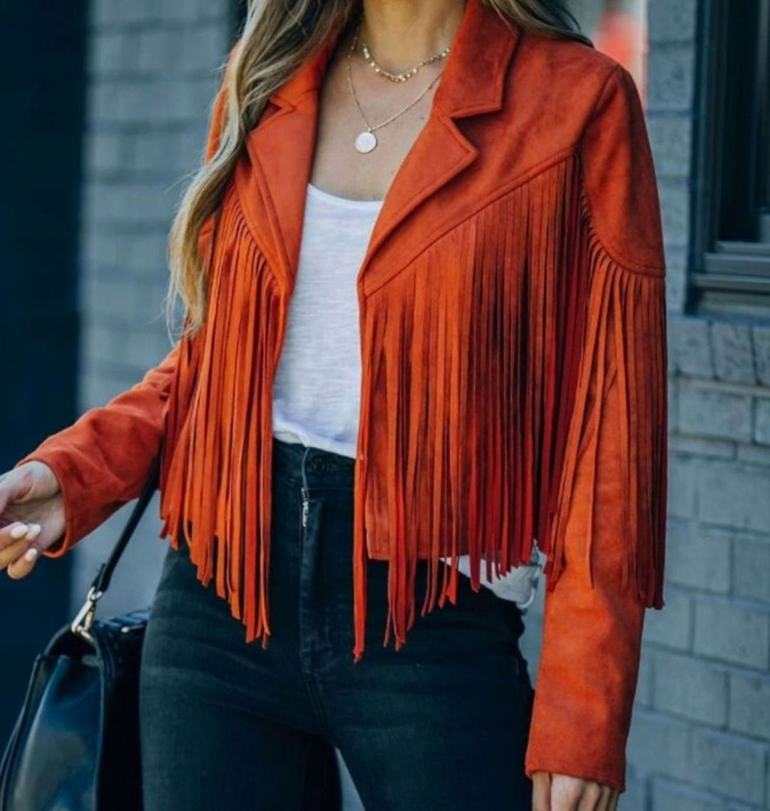 Women's Fringe Suede Cropped Biker Jacket - Orange