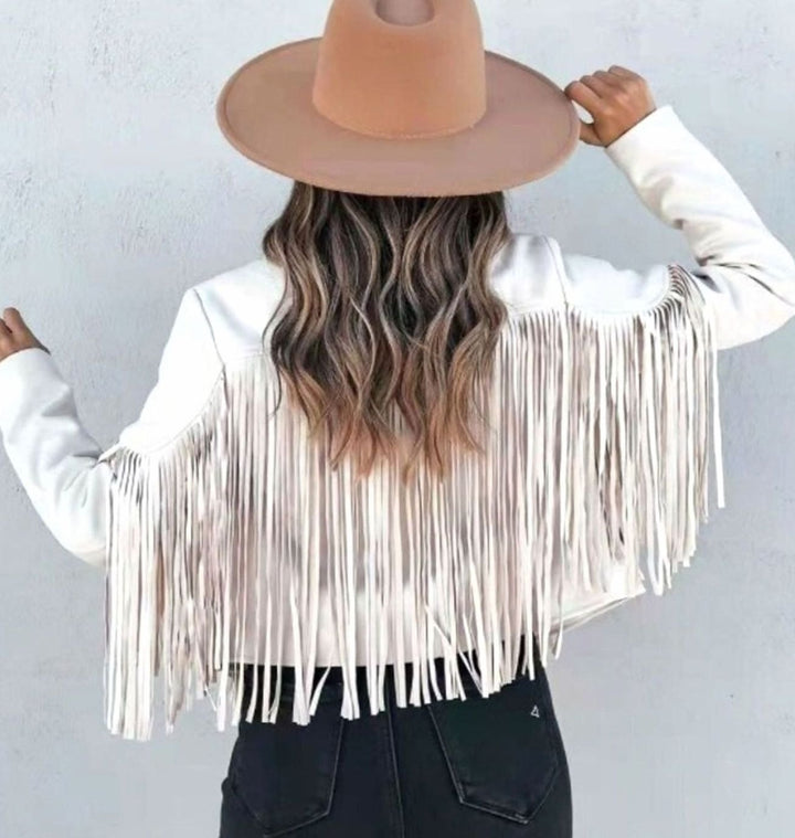 Women's Fringe Suede Cropped Biker Jacket - White