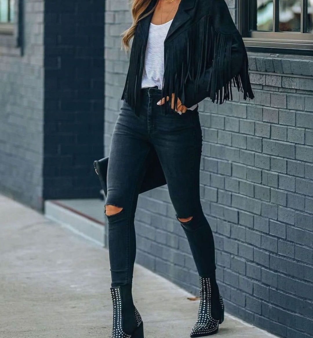 Women's Fringe Suede Cropped Biker Jacket - Black