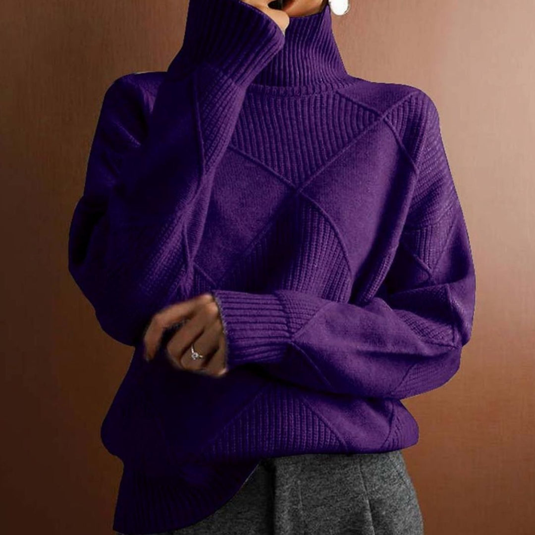 Women's Geometric Knit Turtleneck Jumper Relaxed Fit - Dark Purple