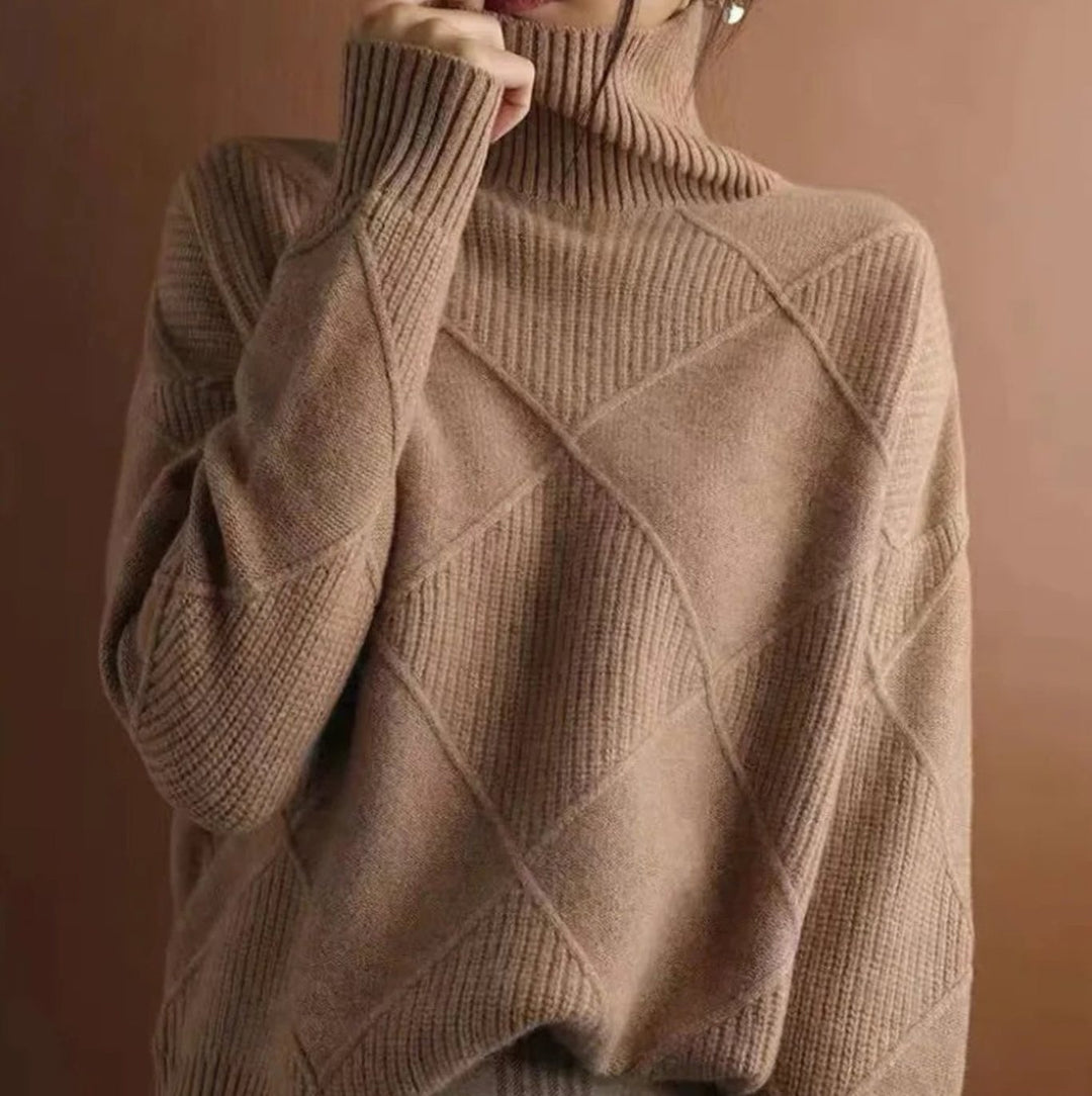 Women's Geometric Knit Turtleneck Jumper Relaxed Fit - Brown
